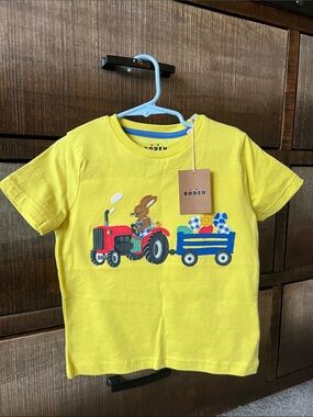Mini Boden Bright Yellow Kids' Bunny on Red Tractor Tee 4-5